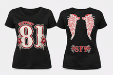 Load image into Gallery viewer, Support 81 SFV Wings & Roses Womens Tee | Black | Limited Stock | Big Red Machine