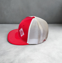 Load image into Gallery viewer, Red and White Embroidered Diamond Trucker Hats
