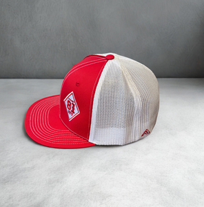 Red and White Embroidered Diamond Trucker Hats