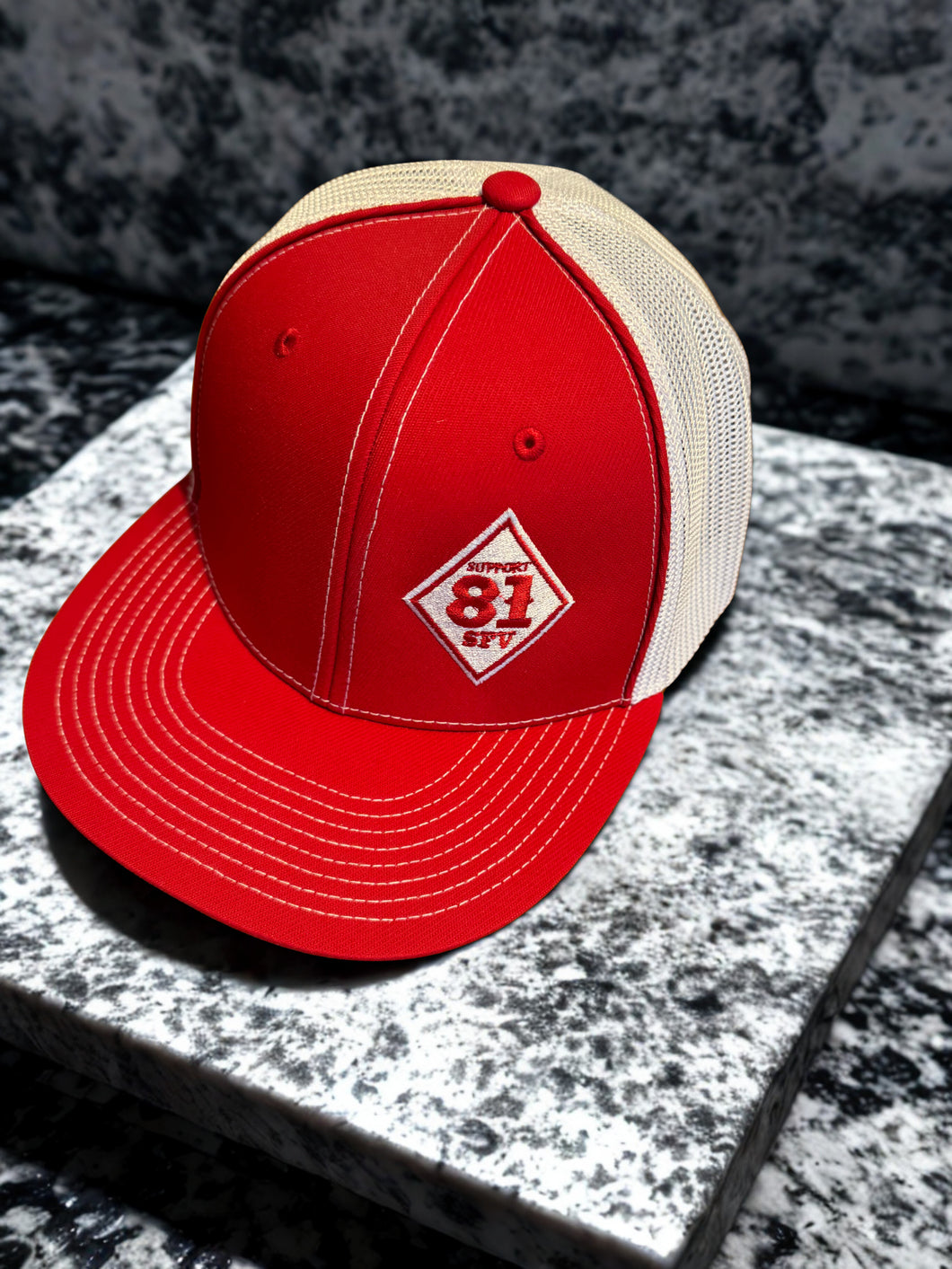 Red and White Embroidered Diamond Trucker Hats