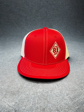 Load image into Gallery viewer, Red and White Embroidered Diamond Trucker Hats
